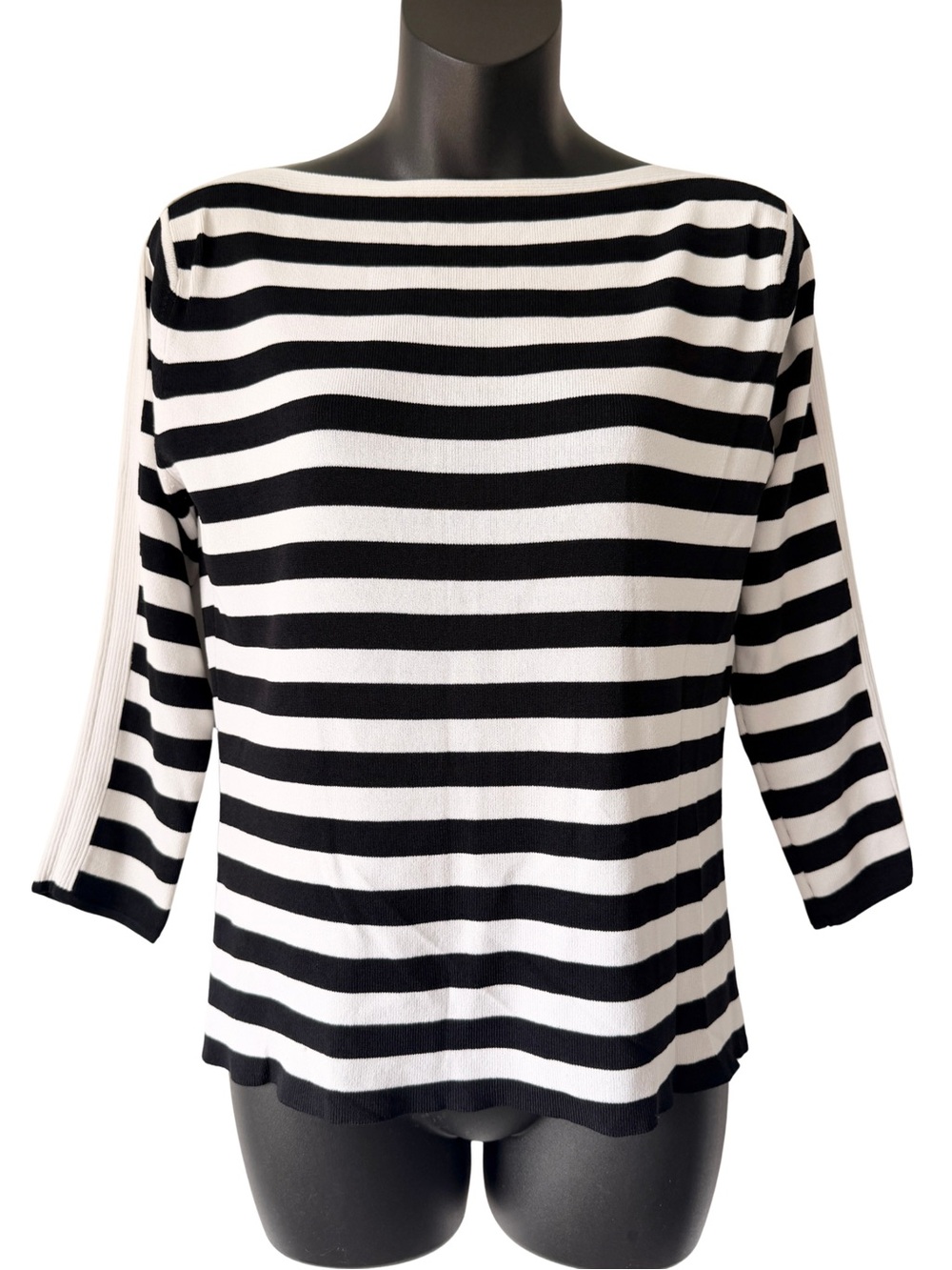 Michelle Nicole Black White Striped Boatneck Top Blouse Womens Small 3/4 Sleeve